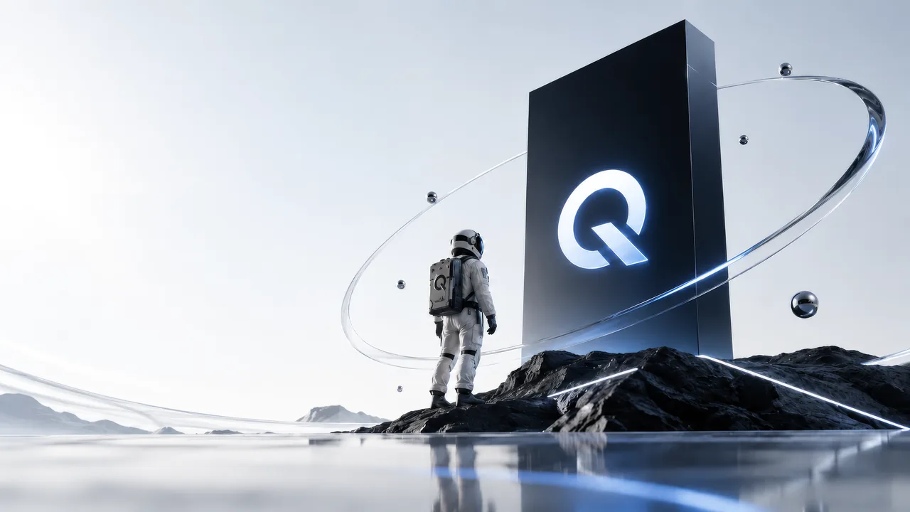 An astronaut facing a glowing Q monolith surrounded by metallic orbital rings