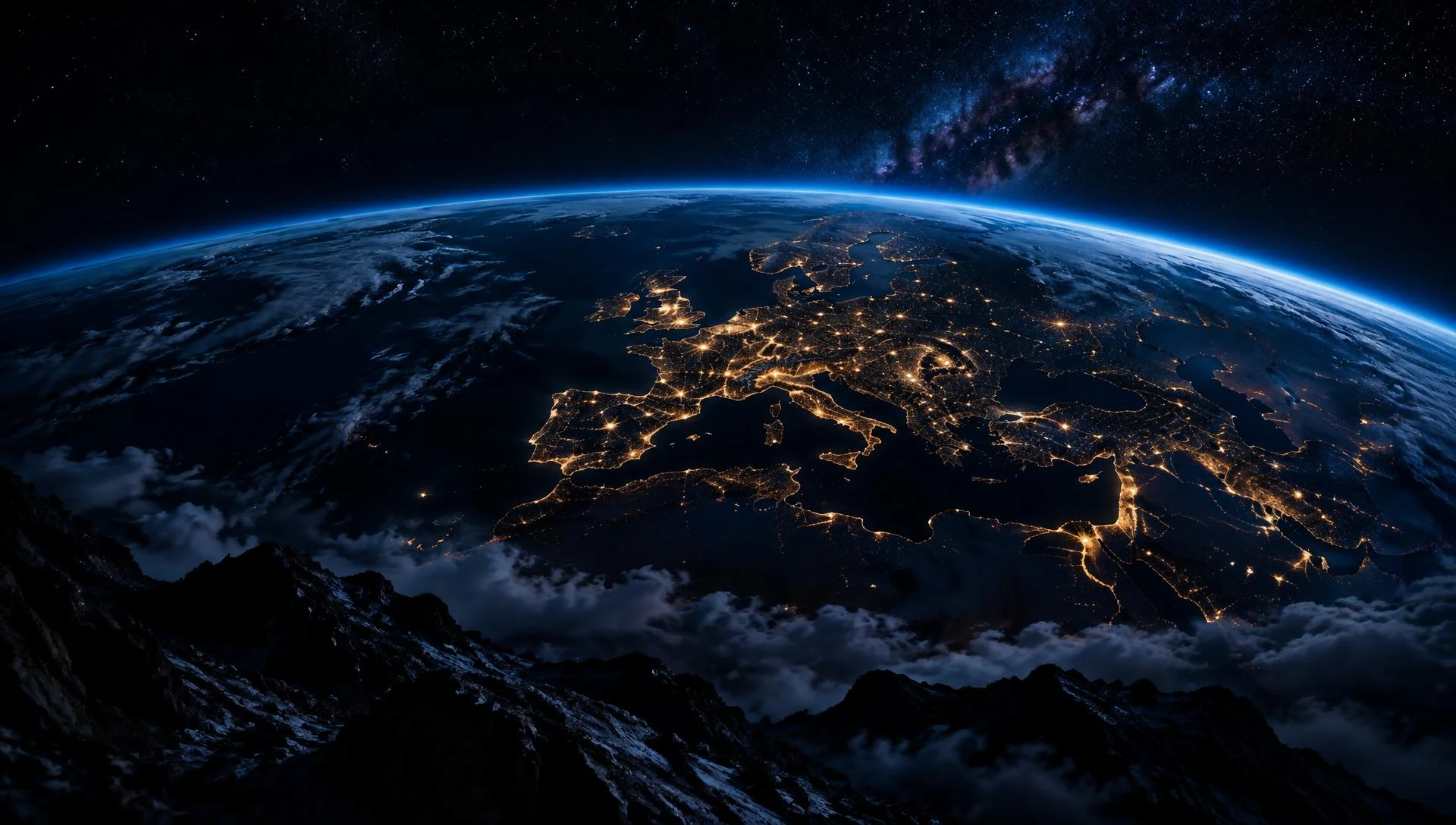 Earth at night with a luminous atmosphere and city lights